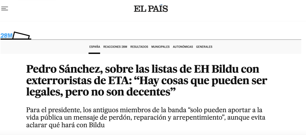 Pedro Sanchez sobre presencia de ex-etarras en listas de Bildu
